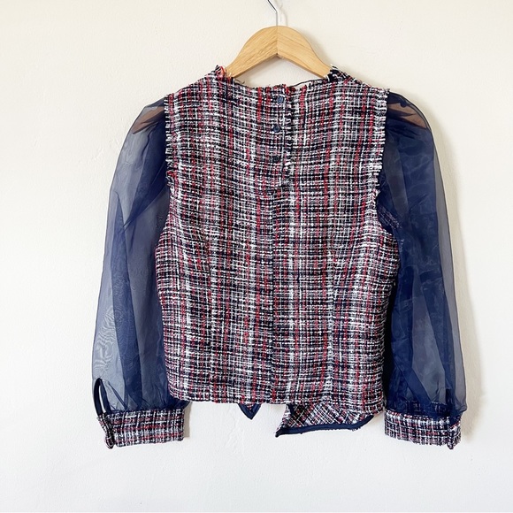 Zara Tweed Blue Red Organza Blouse Top - Picture 5 of 7
